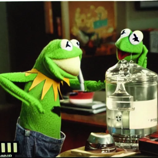 Prompt: kermit the frog smoking out of a bong in the movie ted, kermit the frog ripping a bong, polaroid photo
