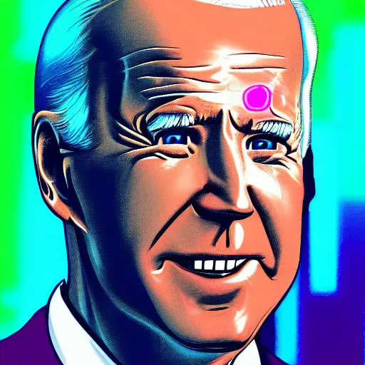 Prompt: Joe Biden, robotic, cyberpunk, cyborg, neon lights, glowing eyes