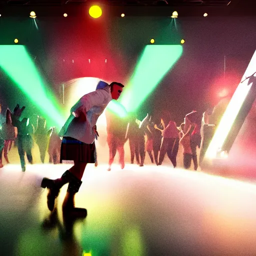 Image similar to a detailed picture of adolf hitler dancing at a rave, edm fans, neon lights, dance club rave, volumetric lighting, greg rutkowski and alphonse mucha, 8 k, octane render