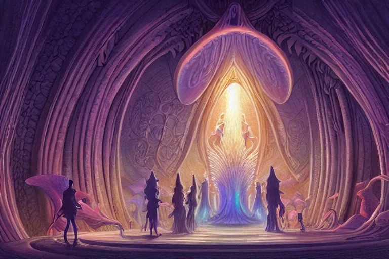 Prompt: delicate mtg illustration by charles vess of a large group of people entering the glowing doorwsy of a massive vulva - shaped temple constructed of carved iridescent pearls and house - sized crystals of impossible architecture floating in the astral plane, trending on cgsociety.