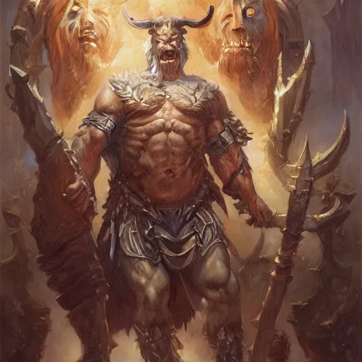 Prompt: huge smug minotaur wielding a greataxe, realistic portrait art by donato giancola and greg rutkowski, digital art, trending on artstation, symmetry!!