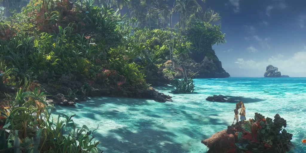 Prompt: landscape of a beautiful ocean with sand and fish and florescent coral and mangrove trees, with a little port town, art by artgerm and greg rutkowski and alphonse mucha, concept art, octane render, unreal engine 5, highly detailed, high quality, 8 k, soft lighting, realistic face, path traced