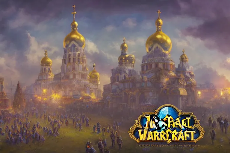 Prompt: kyiv in style of world of warcraft stormwind, kyiv independence square, khreschatyk, alliance, illustration in style of darek zabrocki, noah bradley, cinematic, bright sunny day, ukrainian flags, clear bright sky, blue sky, golden churches