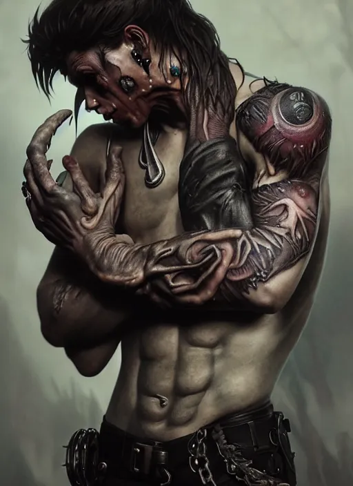 Prompt: ultra realistic, male human predator, goth, tattoos, leather, fantasy, flesh, bone, body horror, intricate details, eerie, highly detailed, octane render, 8 k, art by artgerm and alphonse mucha and greg rutkowski