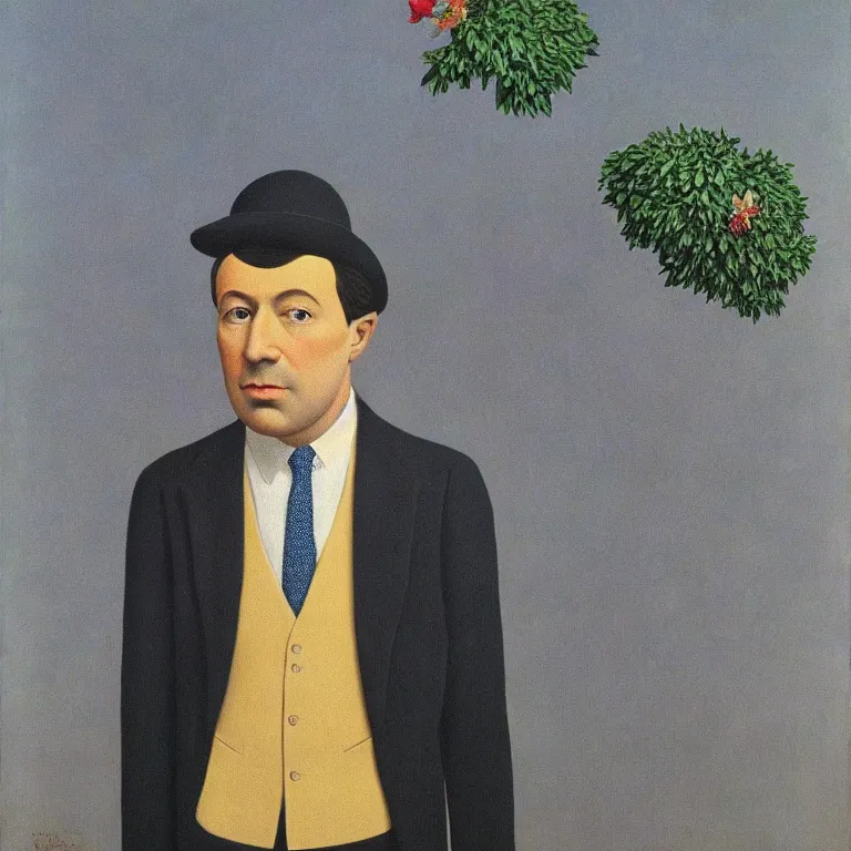 Image similar to portrait of man in a suit that has flowers hiding his head by rene magritte, detailed painting, hd, hq, high resolution, high detail, 4 k, 8 k