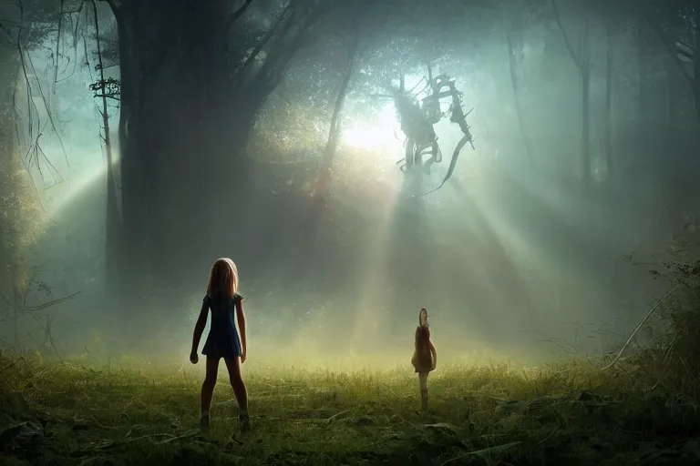 Image similar to the great beyond, sci - fi scene future new york, little girl holding a hand of a big robot, forest punk, crepuscular rays, epic scene, hyper realistic, photo realistic, overgrowth, cinematic atmosphere, ethereal lighting, style of john - waterhouse