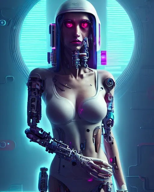 Image similar to portrait of agatha vega as a cyberpunk cyborg. sci - fi, missing panels, intricate abstract upper body intricate artwork, by tooth wu, wlop, beeple, dan mumford. concept art, octane render, deviantart, greg rutkowski, cinematic, key art, hyperrealism, iridescent accents