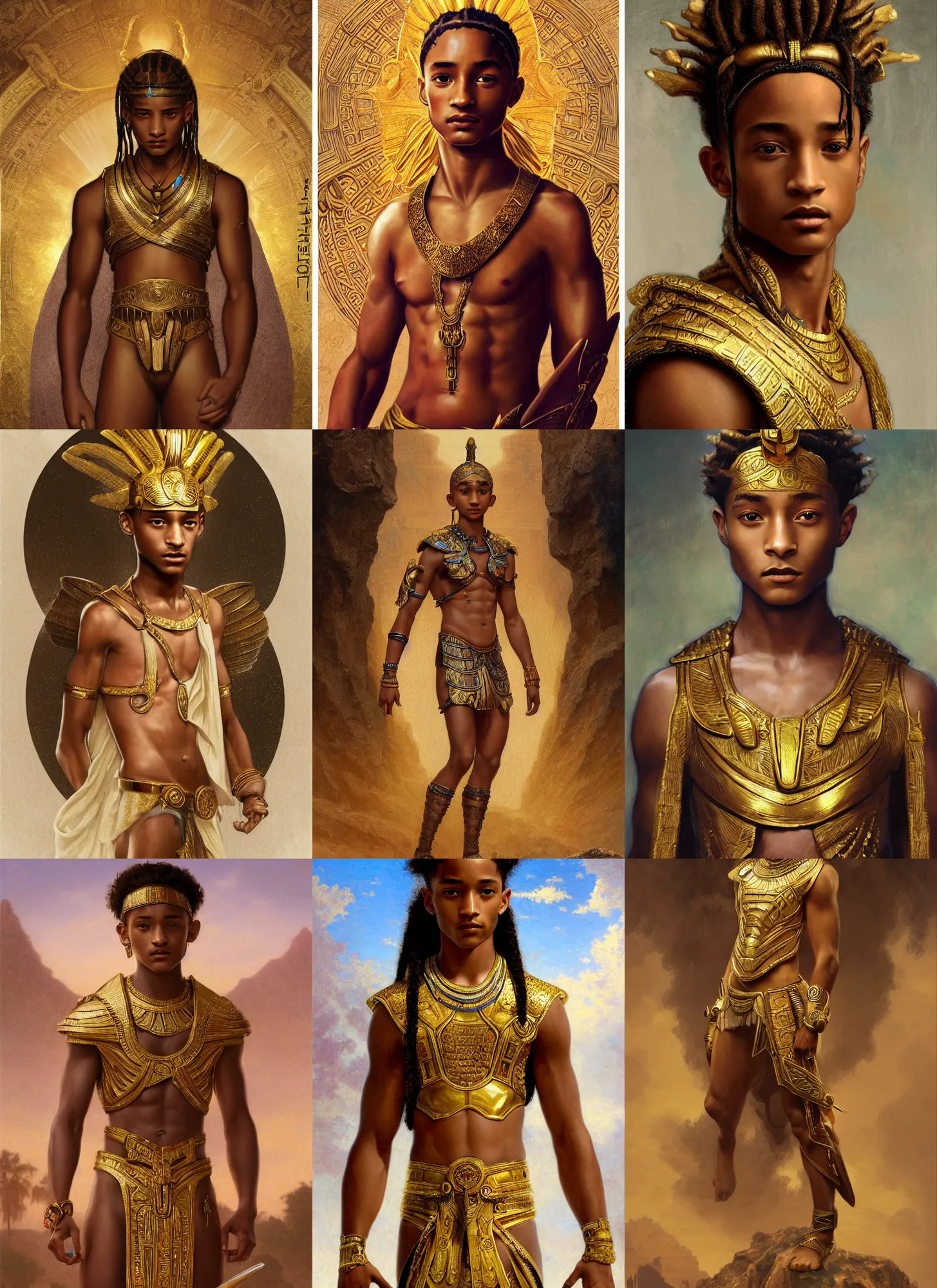 Prompt: young jaden smith as ancient libu, cornrows, golden egyptian chestplate, intricate, elegant, highly detailed, digital painting, artstation, concept art, smooth, sharp focus, illustration, orientalism, bouguereau, rutkowski, mucha