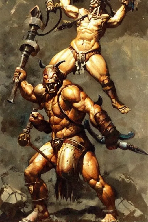 Image similar to a minotaur wearing a steel chestplate and holding a mace, human dressed as a bull, painting by frank frazetta