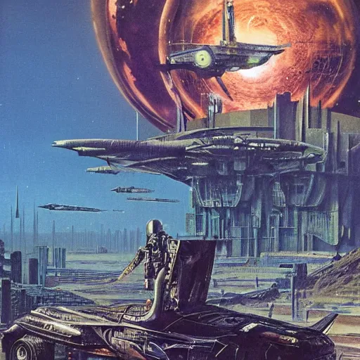 Image similar to sci - fi, dystopian bounty hunter, art by bruce pennington