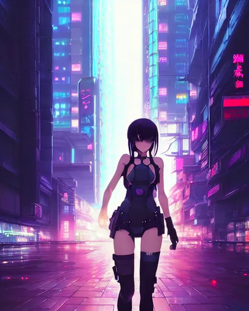 Image similar to Beautiful full body portrait of beautiful cyberpunk anime woman by Greg Rutkowski and Krenz Cushart and Pan_Ren_Wei and Hongkun_st and Bo Chen and Enze Fu and WLOP and Alex Chow, Madhouse Inc., anime style, crepuscular rays, set in rainy futuristic cyberpunk Tokyo street, dapped light, dark fantasy, feminine figure, smooth skin, gorgeous, pretty face, beautiful fashion model body, high detail, hyper realistic, cgsociety, trending on artstation