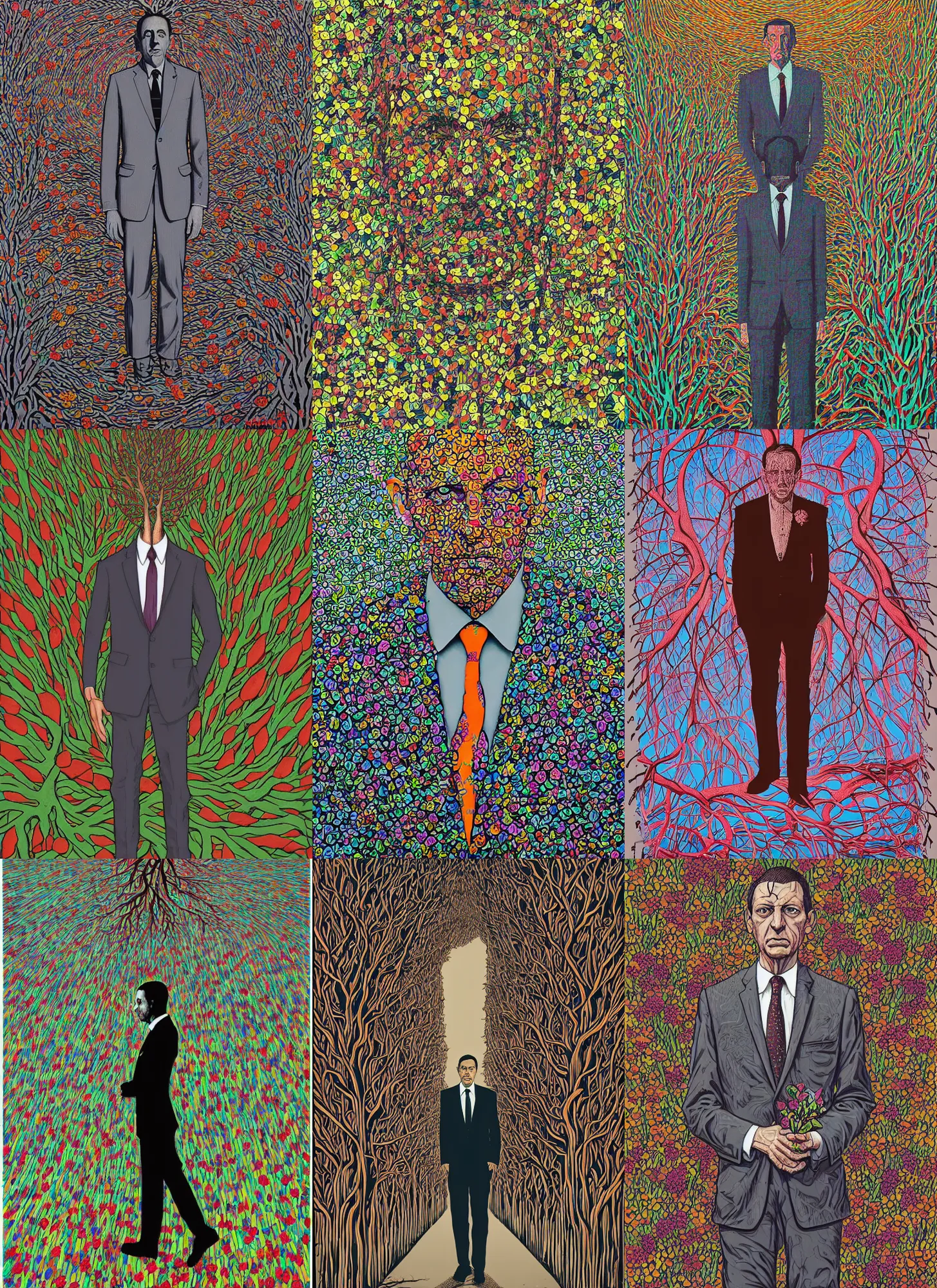 Prompt: antony gormley, portrait, wearing a suit, centered, with flowers and roots, surreal, by dan mumford