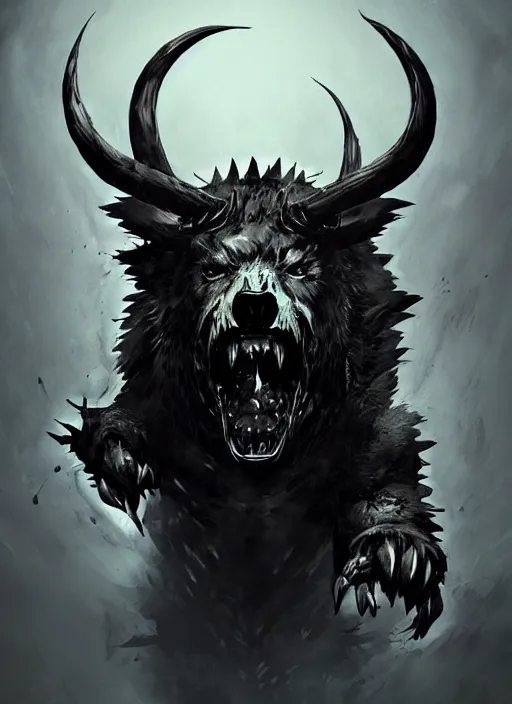 Image similar to A horned bear spirit with sharp claws. In style of Yoji Shinkawa and Hyung-tae Kim, trending on ArtStation, dark fantasy, great composition, concept art, highly detailed.