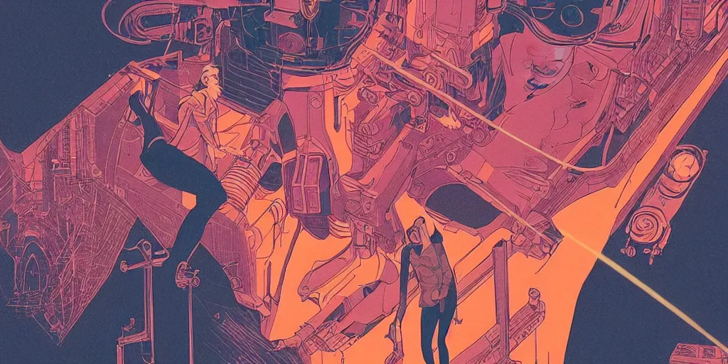 Image similar to a risograph of a futuristic vintage sci - fi, 2 d matte gouache illustration, gigantic woman playing with mechanical floating head shooting lasers from it's eyes, ornate, detailed, dramatic, ominous, drawing by moebius and satoshi kon, saturated colors, grainy, 8 k