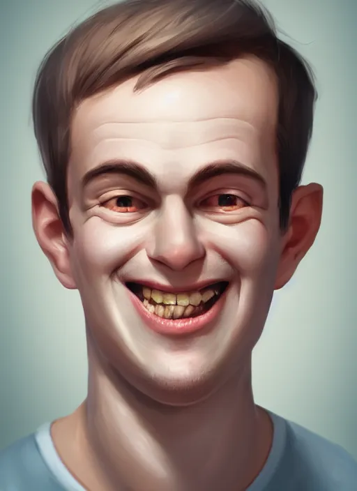 Image similar to portrait of a russian young man with a spoon on top of his nose, big grin, wrinkled eyes, wise forehead, big lips, round portruding chin, white background, youthful colours, thin sharp lines, digital painting, artstation, matte, sharp focus, illustration, realistic anime artstyle