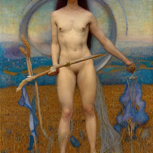 Image similar to masterpiece full body of a goddess in the cosmos with a human skull in one hand and a staff of wheat in the other, by Edgar Maxence and Ross Tran and Michael Whelan and Gustav Klimpt