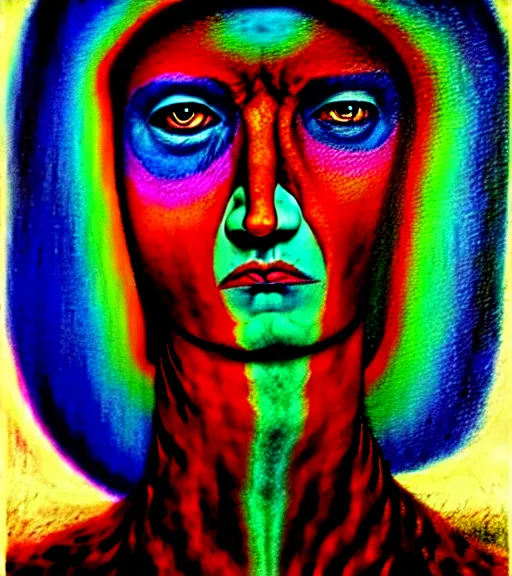 Image similar to Portrait painting in a style of Beksinski mixed with Alex Grey of an old shaman dressed in a colorful traditional clothes. psychodelic