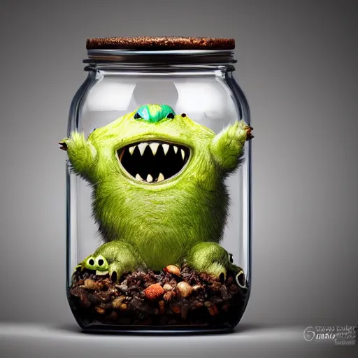 Image similar to cute monster in a jar by Greg Rutkowski, product photography, centered, studio lightning