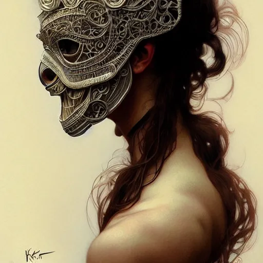 Image similar to Girl wearing an intricate mask made of feather and bone, face, detailed, intricate, elegant, highly detailed, digital painting, artstation, concept art, smooth, sharp focus, illustration, art by Krenz Cushart and Artem Demura and alphonse mucha