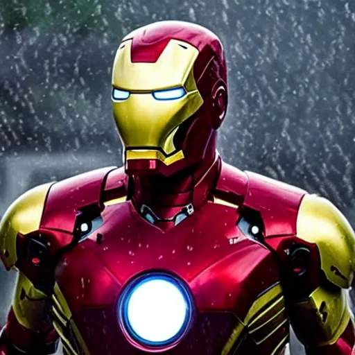 Image similar to arsene wenger as iron man, unmasked, movie still, cinematic, photorealistic, extreme detail, sharp focus, 8 k, rain, close up, anamorphic lens, lighting, dark