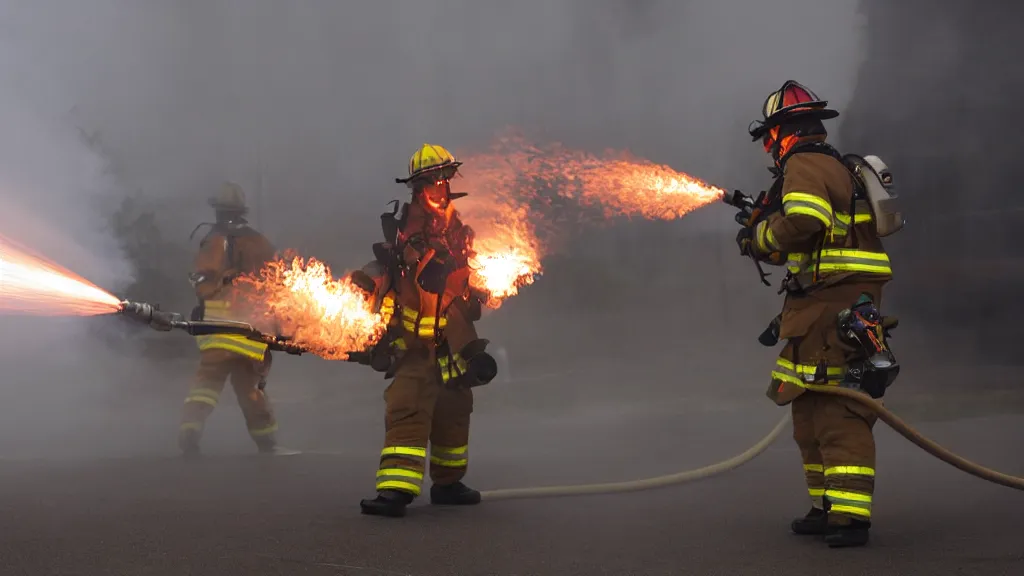 Image similar to photo of a firefighter using a flamethrower projecting a long flame