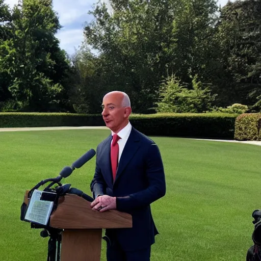 Image similar to Jeff Bezos as the president of the United States speaking with reporters on the what house lawn