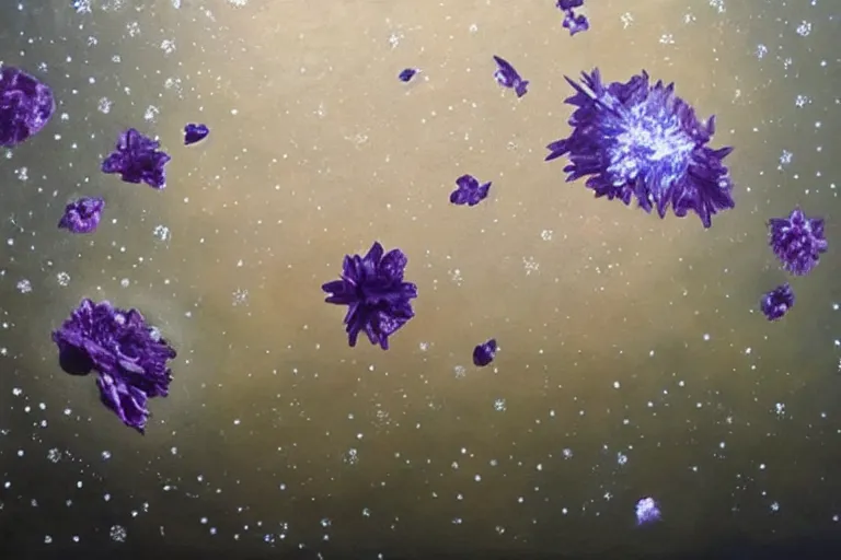 Image similar to hyperrealism oil painting, close - up frozen in an ice cube black flowers and fireflies gradient mixed with nebula sky, in style of baroque