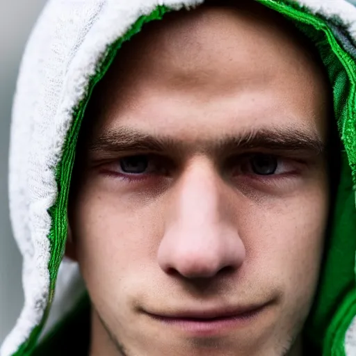 Image similar to close up of face of a 1 8 year old man, with white hair, green eyes, wearing a purple hoodie, lazy, 8 5 mm f / 1. 4