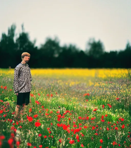 Prompt: tall shadow person figure standing in beautiful meadow of flowers, high quality film photo, grainy, high detail, high resolution