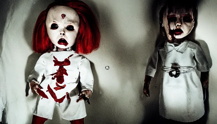 Image similar to big budget horror movie about an evil killer doll with a scalpel