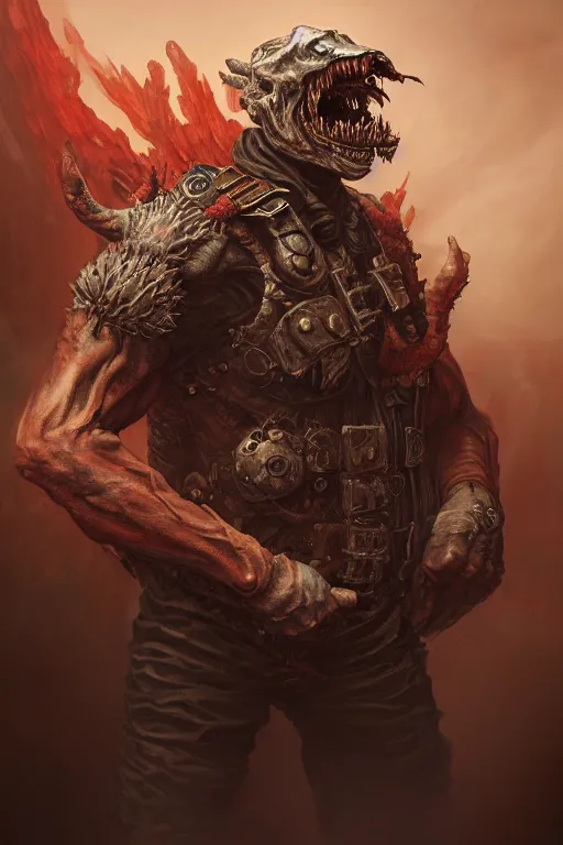 Image similar to hell mutant motorbiker, highly detailed, d & d, fantasy, highly detailed, digital painting, trending on artstation, concept art, sharp focus, illustration, global illumination, ray tracing, realistic shaded, art by artgerm and greg rutkowski and fuji choko and viktoria gavrilenko and hoang lap, sunny