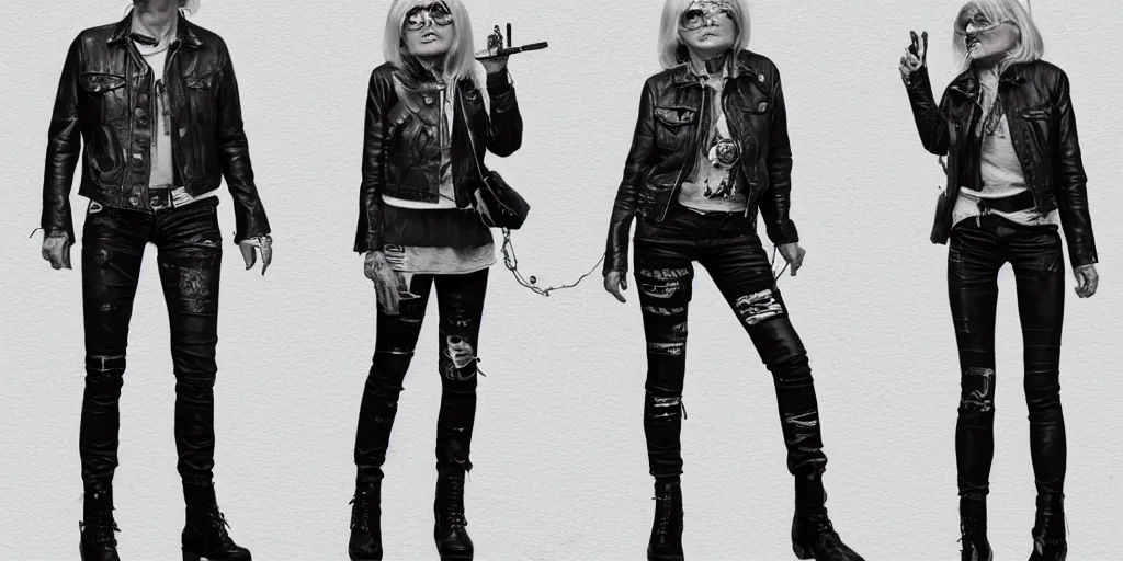 Prompt: debbie harry wanderer with tattooed arms and legs wearing a scratched leather and ripped aviator leather jeans, wearing a short black jacket with rusty medals on it, character sheet, head details, props, concept design, contrast, kim jung gi, greg rutkowski, trending on artstation, 8 k, full body, turnaround, ultra wide angle, pincushion lens effect