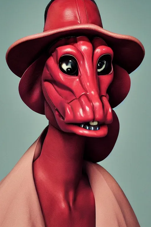 Image similar to comme des garcons campaign featuring jar jar binks as a female cowgirl, long eyeslashes, huge juicy lips, big seductive eyes, unprocessed colors, # nofilter, realistic vfx simulation