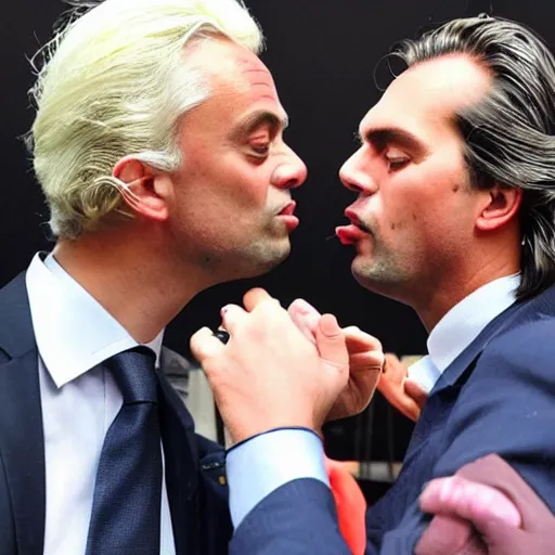 Image similar to geert wilders kissing thierry baudet with tongue, romantic, hearts in background