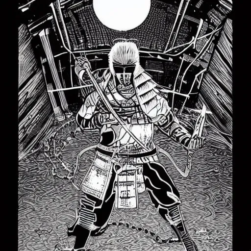 Prompt: samurai cyberpunk under a full moon wrapped in chains ,ink art In the style of Moebius drawing