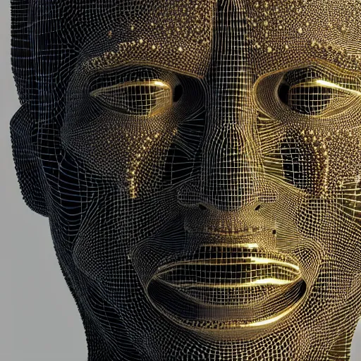 Prompt: highly detailed 3 d render of a cyborg head and face made from extreme numbers of tiny wires and beads, silver, gold, by russian artist igor goryunov, 8 k resolution, photo realistic symmetrical