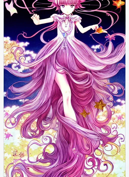 Prompt: exquisite imaginative manga poster art fairy princess, fate, long wavy hair, rococo ruffles dress, shimmering, by shigenori soejima, minaba hideo, katsuhiro otomo, jump comics, illustration, artstation, dark fantastic, highly detailed, 8 k, fluorescent, maximalist