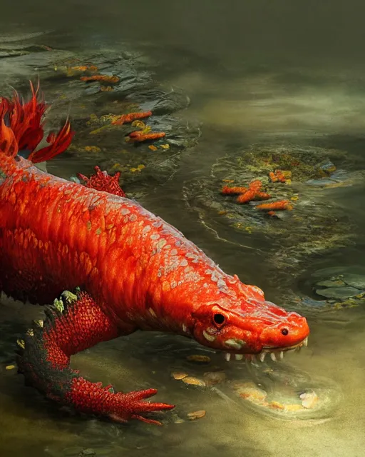 Image similar to game character beautiful giant kaiju sized pond dragon half fish half salamander, wet amphibious skin, red salamander, axolotl creature, koi pond, korean village by Ruan Jia and Gil Elvgren, fullbody