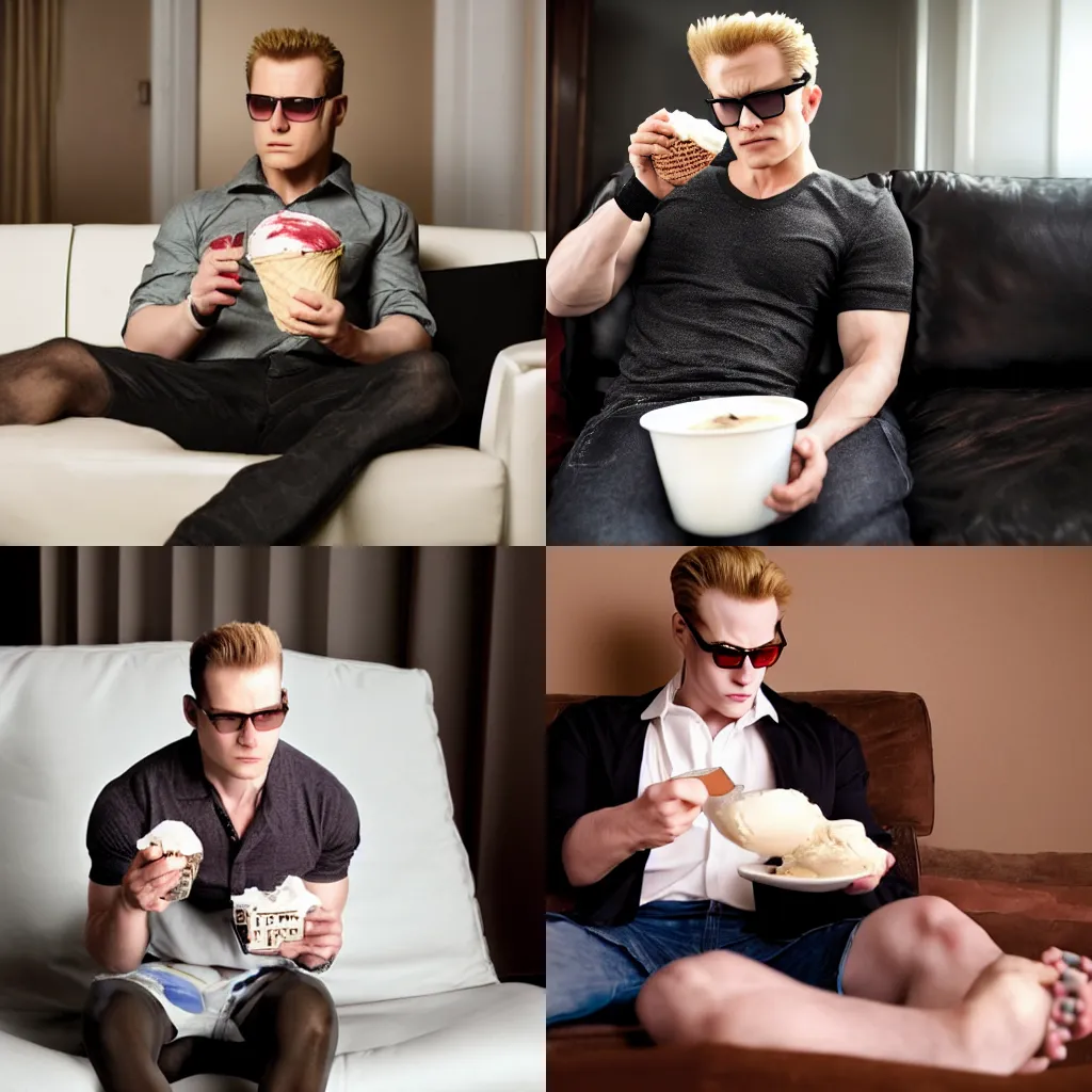 Prompt: Albert Wesker eating a tub of ice cream on the couch, depressed, photography