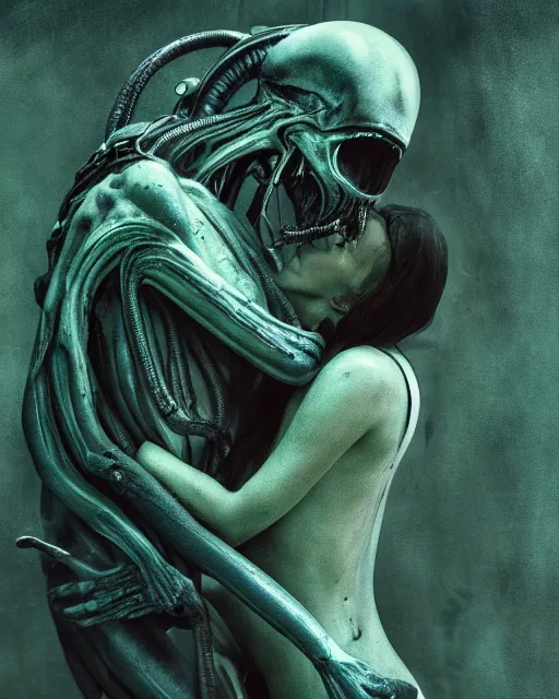 Image similar to xenomorph hugging pale sad beauty, dark emerald mist colors, giger background liminal void, cinematic lighting, realistic, award winning photograph, various refining methods, micro macro autofocus