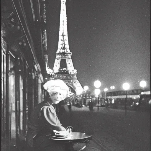 Image similar to An edwardian woman sitting outside a cafe in paris at night, the moon is in the sky, the eiffel tower is visible in the background