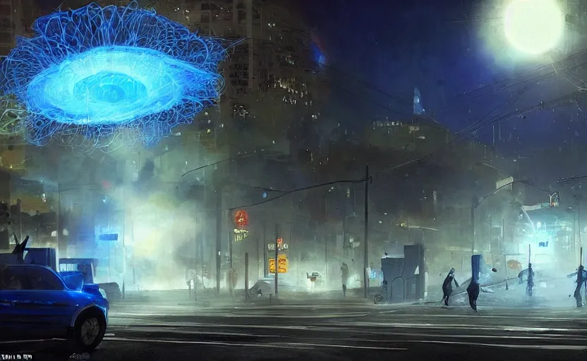 Image similar to people with posters attacking cops, a huge blue spiral - shaped white luminous attractor is floating on the horizon near the sun, stores in los angeles with light screens all over the street, concept art, art for the game, professional lighting, dark night lighting from streetlights, by ilya repin