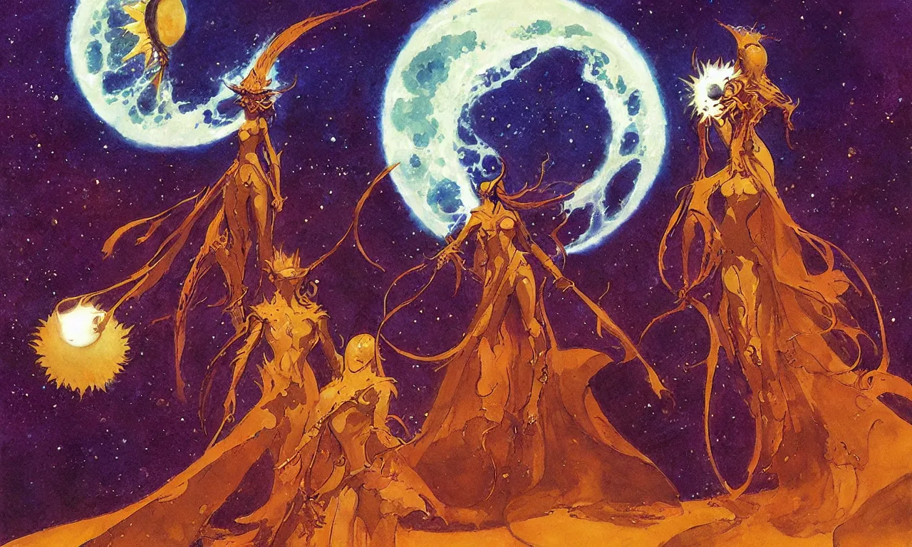 Prompt: sun king and moon queen in the cosmic court of mystical astronomy, art by jeffrey catherine jones and tyler edlin
