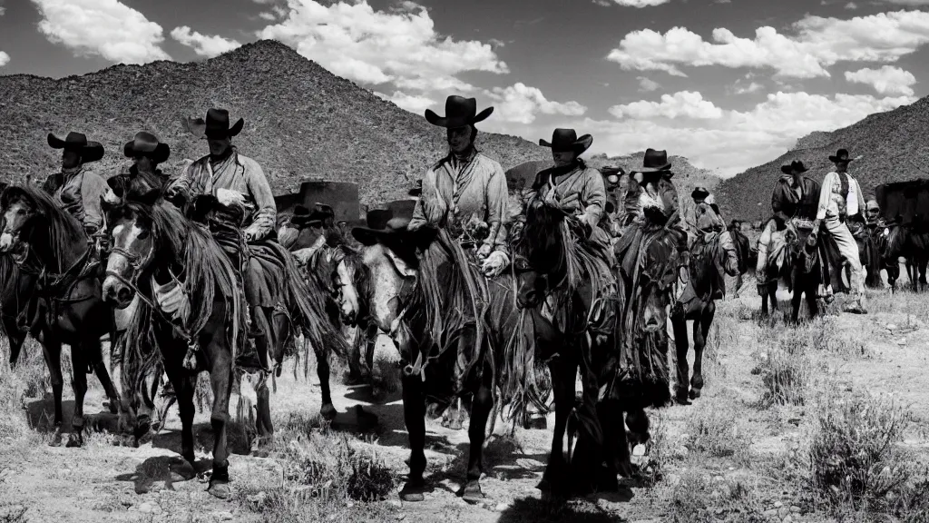 Image similar to a film still from a western movie in mexico, black and white, wide lens,