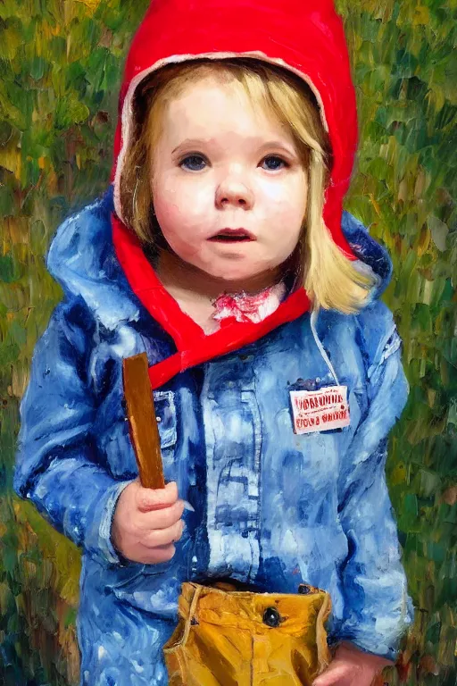 Prompt: palette knife oil painting portrait of nellie, a small figured young woman, dressed like a country bumpkin : jeans, boots, a pointy bright red hoodie. extreme detail, artstation trending, artgerm, any racial background, deviant art, octane, substance, art history 8 k