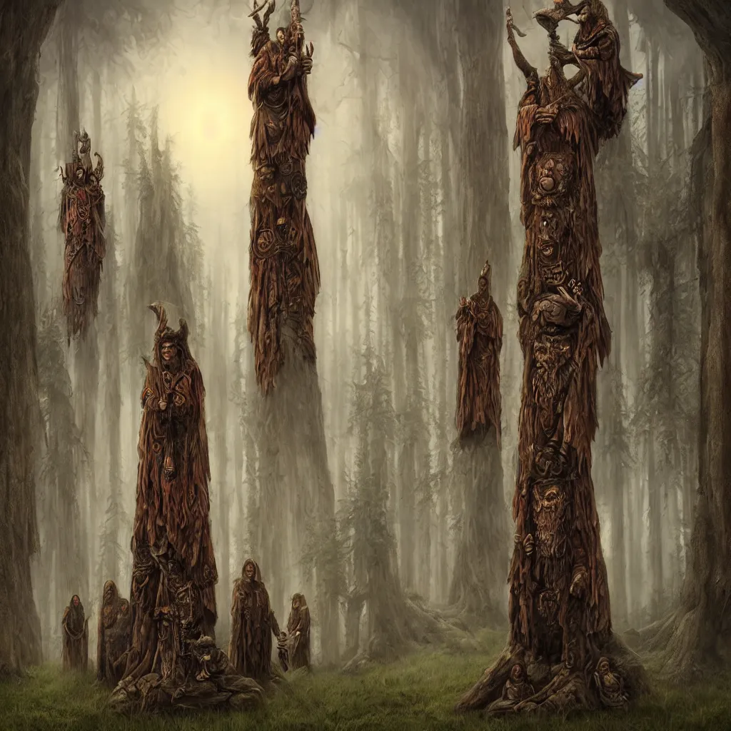 Image similar to evil druids having a ritual, single wooden totem of lord, a detailed matte painting, fantasy, foggy