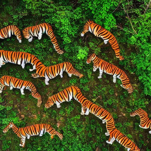 Image similar to drone photograph of tigers fleeing deforestation in the jungle