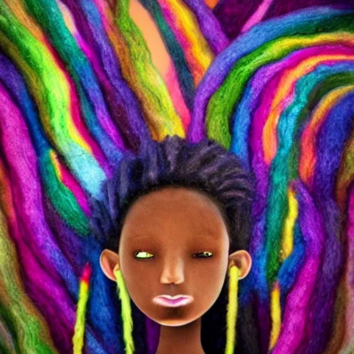 Image similar to a black girl with a colorful dreadlocks and rainbow eyes, in a candy forest! at night, bokeh, bright colours, watercolor, volumetric wool felting, macro photography, children illustration, by goro fujita