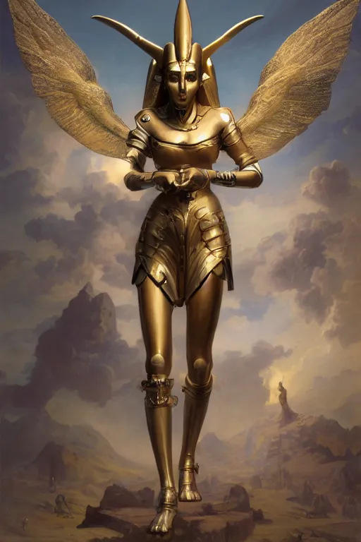 Image similar to Mystical Valkyrie, Regal, Realistic, Refined, full portrait of a beautiful female Cyborg Anubis Warrior, Detailed Digital Art, Oil Painting, François Boucher, William-Adolphe Bouguereau, Steampunk, Walt Disney (1937), dynamic lighting, very very very very very beautiful, character illustration by Jean Giraud, Highly Detailed, Cinematic Lighting, Unreal Engine, 8k, HD