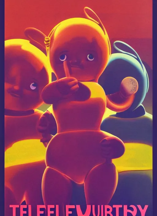 Prompt: teletubbies horror movie poster, high details, minimalist, by vincent di fate, artgerm julie bell beeple, 1960s, vintage 60s print, screen print